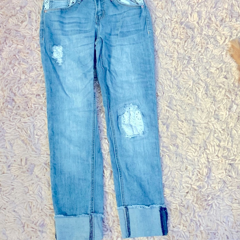 Girls Size 12 cuffed ripped jeans w laced inserts